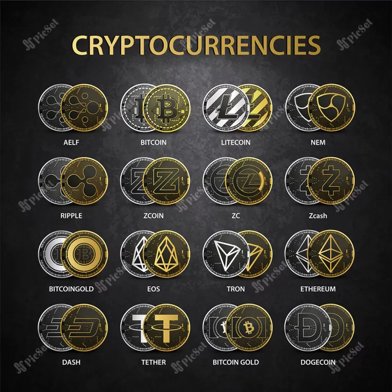 cryptocurrencies gold set collection / مجموعه ارزهای دیجیتال طلایی، بیت کوین، اتریوم