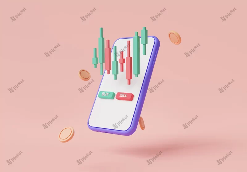 cryptocurrency trading online with buy sell icon mobile phone growing financial index mobile trading online trading stock exchange forex trading concept 3d icon render illustration / تجارت آنلاین ارزهای دیجیتال با نماد خرید فروش تلفن همراه موبایل در حال رشد شاخص مالی معاملات بورس اوراق بهادار مفهوم تجارت فارکس نمودار کندل استیک سه بعدی