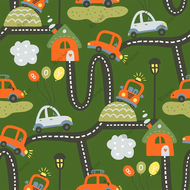 cute cartoon car seamless pattern / خیابان شهری و ماشین کارتونی