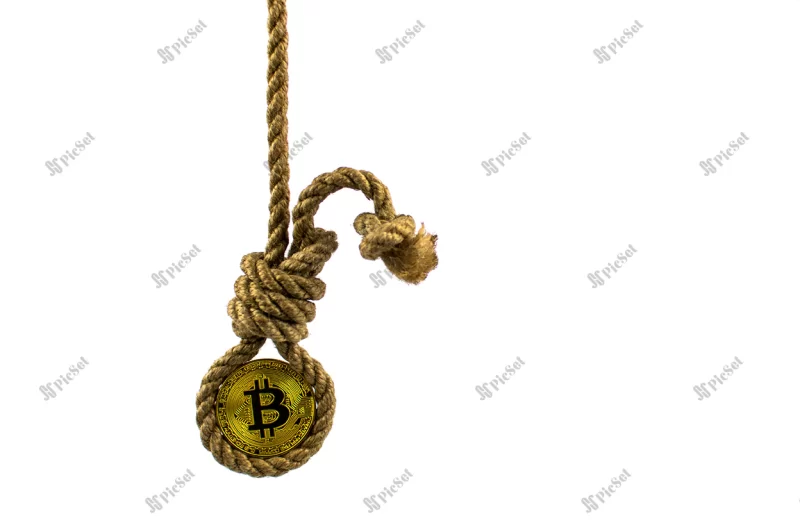 death bitcoin coin bitcoin gallows white background isolated / مرگ بیت کوین چوبه دار