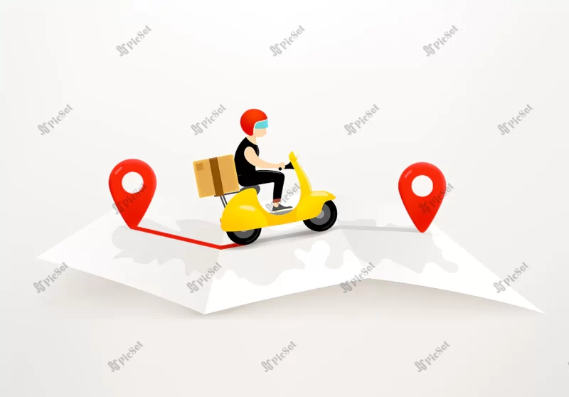 delivery by scooter concept / تحویل محصول با موتور با نقشه و لوکیشن، سفارش کالا