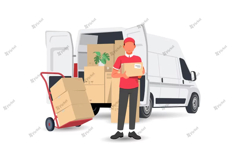 delivery man with box white van car vector illustration flat style / مرد تحویل دهنده با جعبه و ماشین ون سفید، تحویل خدمات و کالا محصولات مشتری، سفارش آنلاین