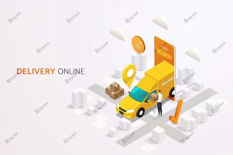 delivery man with delivery truck delivery box online delivery service mobile phone / تحویل جعبه با کامیون تحویل آنلاین خدمات تحویل با تلفن همراه