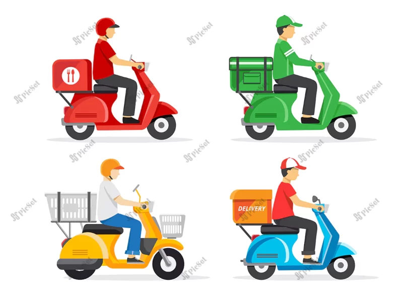 delivery service delivery riding scooter illustration vector / خدمات تحویل غذا با موتور پیک