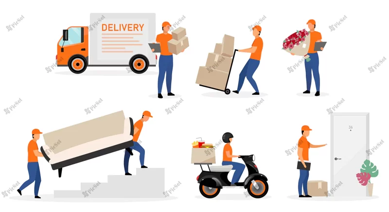 delivery service workers flat illustrations set / کارگران خدمات تحویل، ارسال پست پیک موتوری