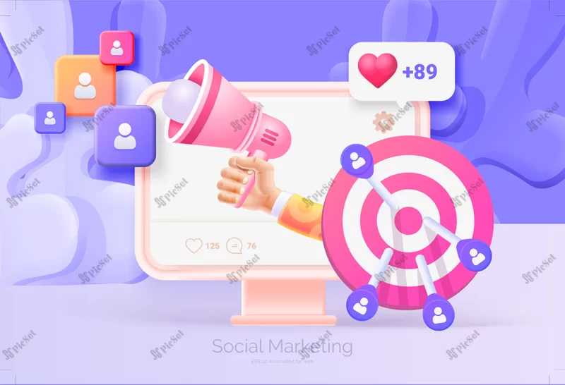 digital social marketing computer with social network interface 3d illustration / کامپیوتر دیجیتال بازاریابی اجتماعی با رابط شبکه اجتماعی سه بعدی، هدف کسب و کار جذب مشتری، بلندگو و لایک مردم