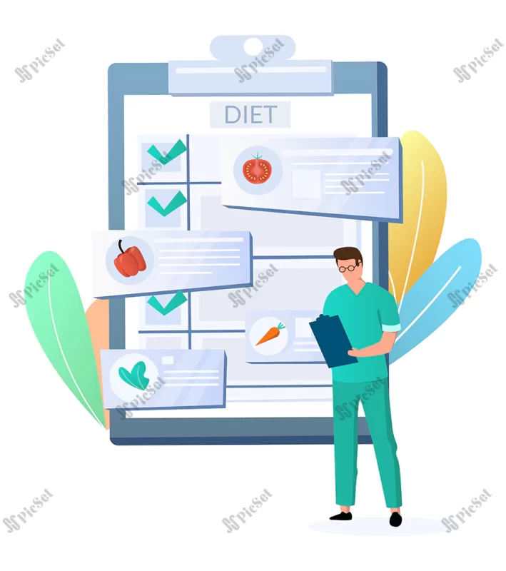 doctor nutritionist dietician with diet program clipboard flat vector illustration vegan diet plans / دکتر متخصص تغذیه برنامه رژیم غذایی آنلاین