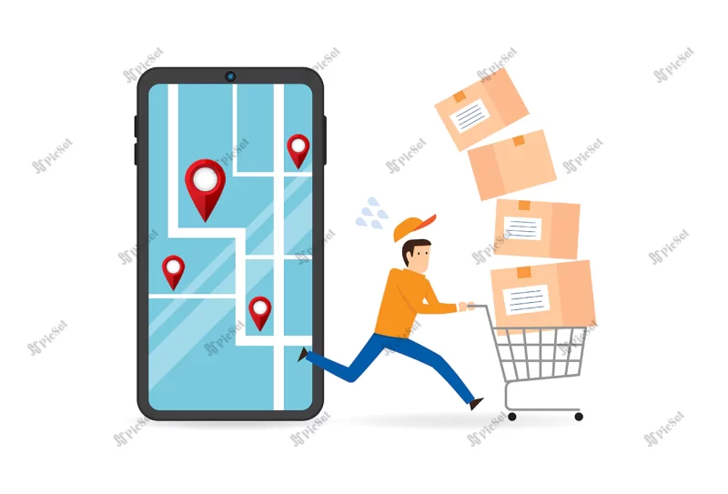 employee delivering parcel box smart logistic vector illustration design / کارمند در حال تحویل جعبه بسته، سفارش آنلاین با موبایل و تحویل سریع