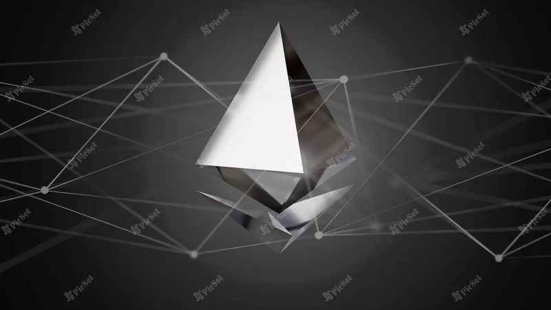 ethereum crypto currency sign flying around network connection 3d render / علامت ارز کریپتو اتریوم اتصال شبکه