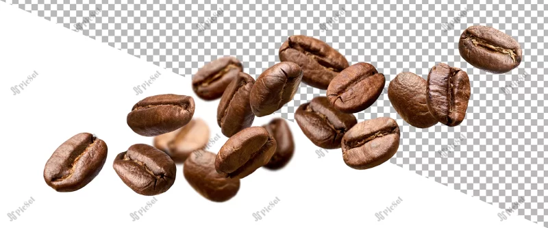 falling coffee beans isolated white background with clipping path / پس زمینه دانه های قهوه