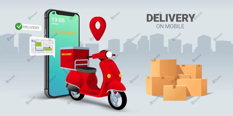 fast delivery by scooter mobile e commerce concept online food pizza order packaging box infographic / سفارش آنلاین با موبایل و تحویل سریع توسط پیک موتوری مفهوم تجارت الکترونیکی سفارش پیتزا غذا جعبه بسته بندی