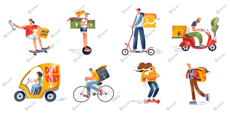 fast delivery free express service set courier characters deliver order holding box parcel people using scooter bicycle skate personal transport isolated white / تحویل سریع و رایگان مجموعه خدمات اکسپرس شخصیت های پیک تحویل سفارش بسته با استفاده از اسکوتر دوچرخه اسکیت موتور ون ماشین حمل و نقل شخصی