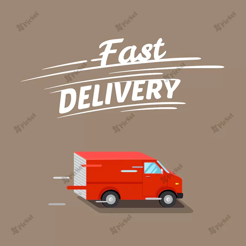 fast delivery illustration with isometric red van / تحویل سریع کالای مشتریان با ماشین ون قرمز ایزومتریک