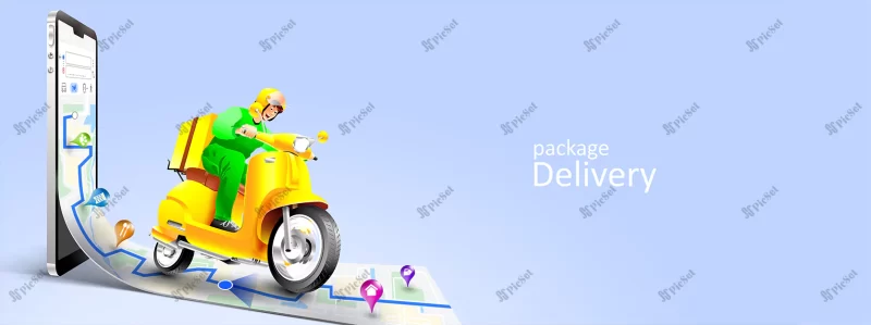fast delivery package by scooter mobile phone tracking courier by map application / سفارش آنلاین و تحویل سریع بسته توسط پیک موتوری و نقشه روی موبایل تلفن همراه