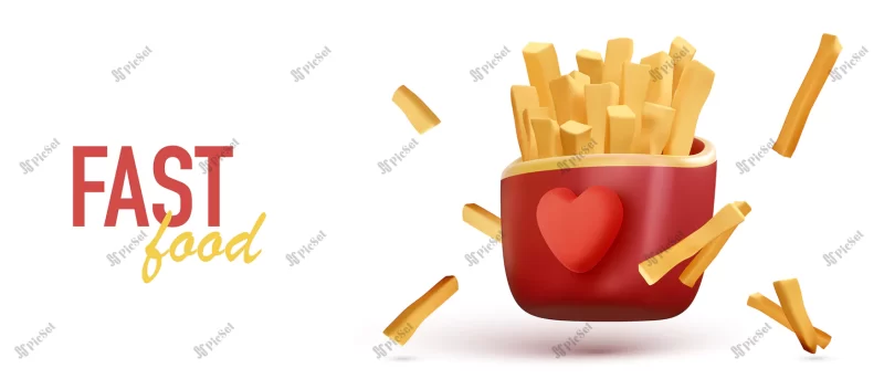 fast food banner with 3d french fries love package vector illustration / بنر فست فود بسته سیب زمینی سرخ کرده سه بعدی