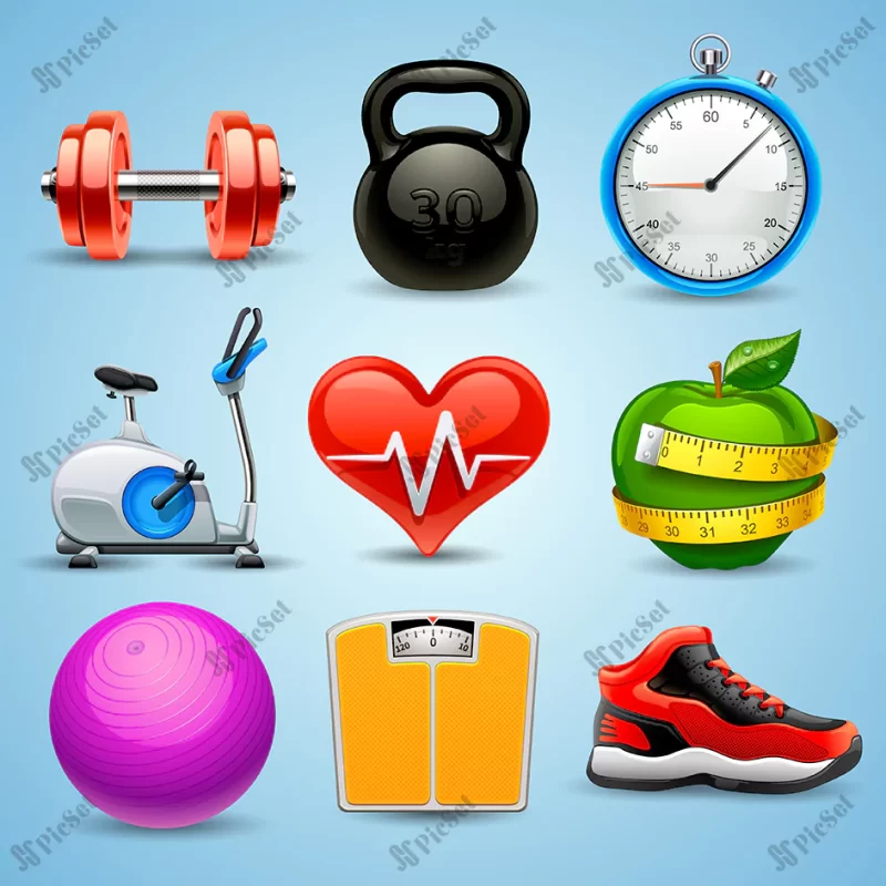 fitness items icon set blue background / آیکون موارد تناسب اندام آیکن ورزشی