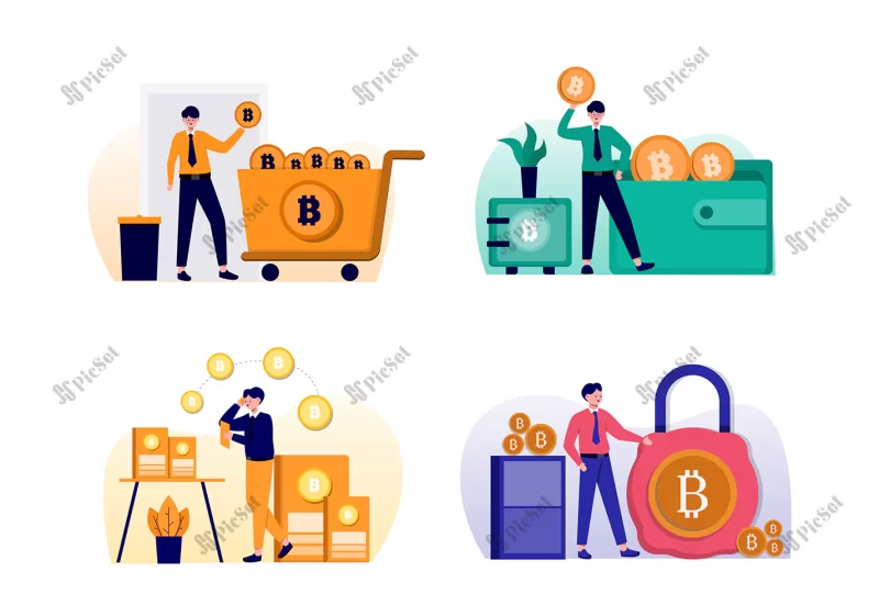 flat bitcoin design illustration pack with character / آموزش انتقال بیت کوین با کاراکتر