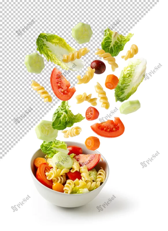 flying pasta salad bowl isolated with clipping path / کاسه سالاد پاستا، سالاد رژیمی، کاهو