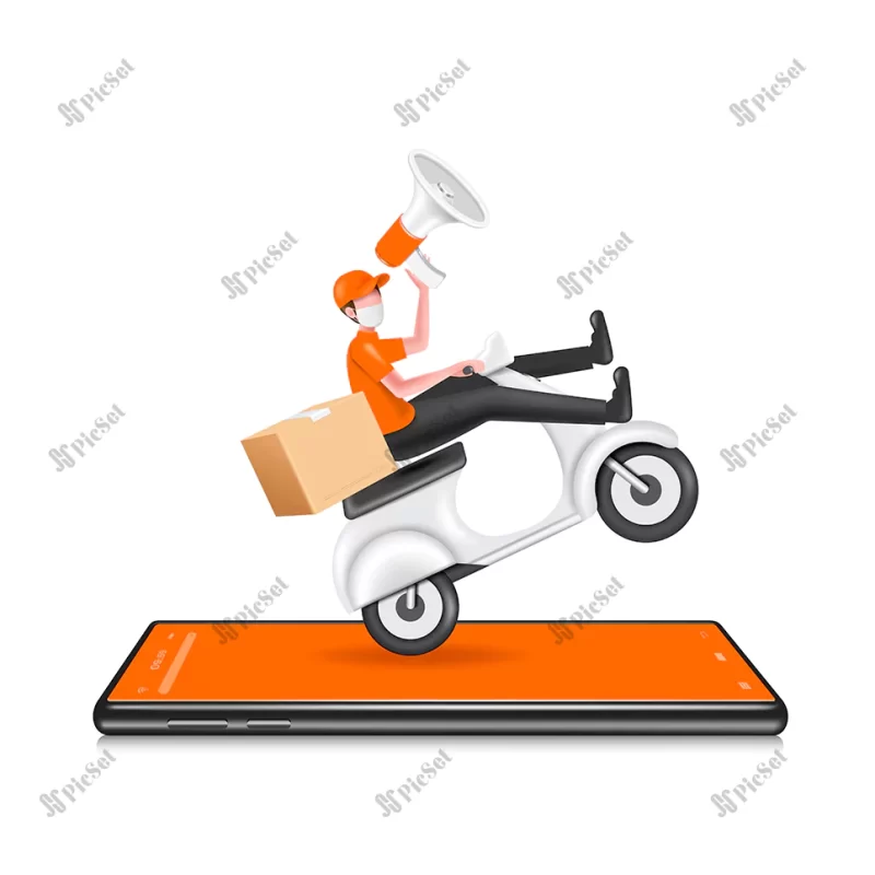 food deliveryman drives scooter turns megaphone / پیک موتوری با بلندگوی جذب مشتری تحویل‌ دهنده غذا