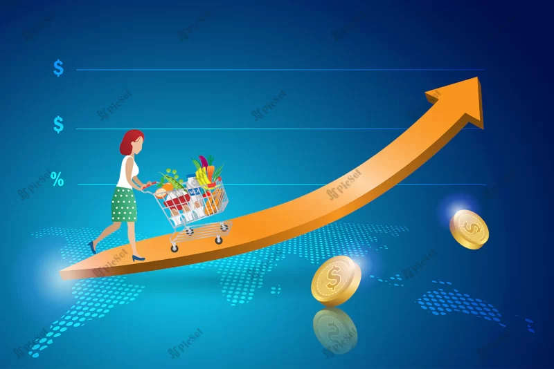 food inflation woman with shopping cart rising graph cost living indicator high foods cost / تورم مواد غذایی، زن با سبد خرید نمودار افزایش هزینه زندگی شاخص هزینه مواد غذایی بالا