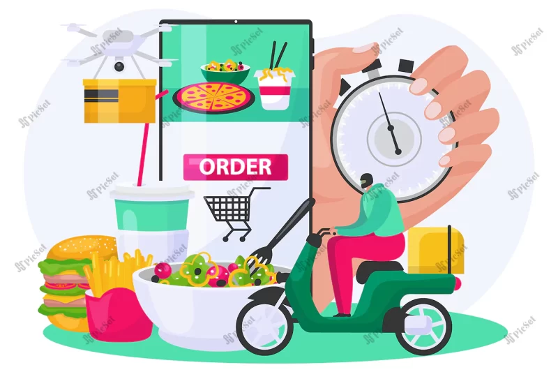 food order delivery service vector illustration flat tiny people man courier ride scooter near smart / سفارش غذا آنلاین و تحویل سریع با پیک موتوری