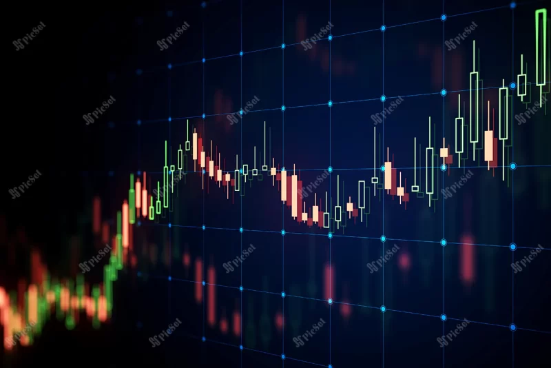 forex market growth concept with going up glowing digital candlestick dark squared wallpaper side view 3d rendering / مفهوم رشد بازار فارکس سه بعدی نمودار کندل استیک بازار بورس و دیجیتال