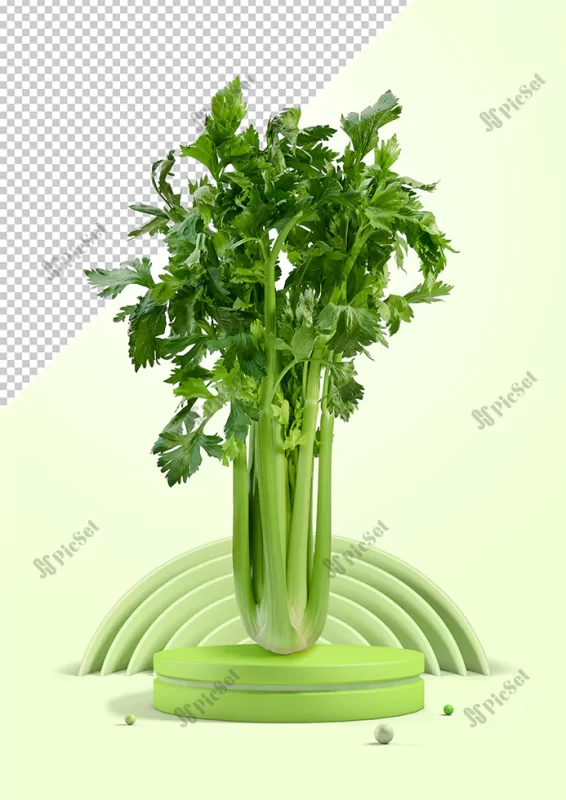 fresh celery mockup podium green background / پس زمینه سبز تریبون کرفس تازه