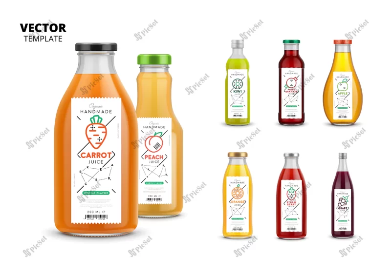 fresh juice packaging mockup set / مجموعه ماکت بسته بندی شیشه آبمیوه تازه
