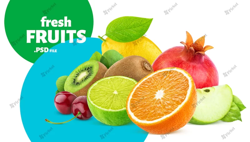 fruits berries collection banner / بنر مجموعه میوه پرتغال لیمو انار سیب کیوی