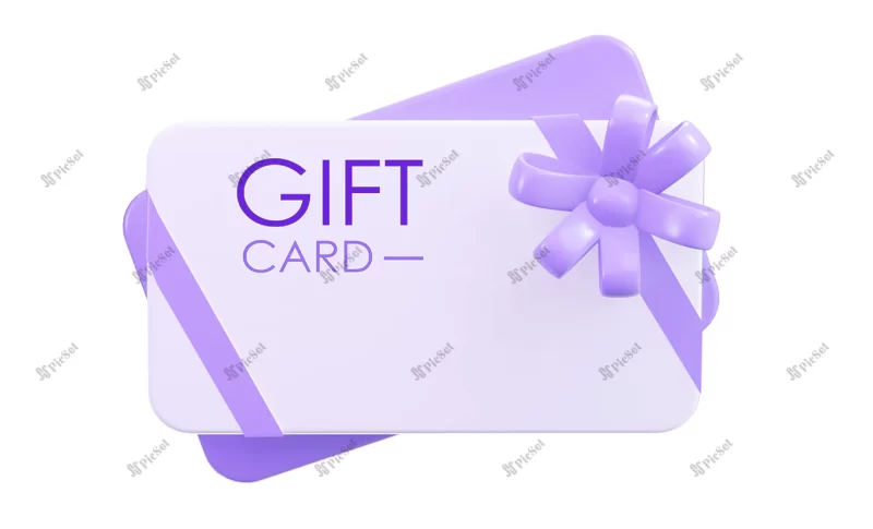 gift card with ribbon 3d rendering gift certificate / کارت هدیه سه بعدی با ربان بنفش
