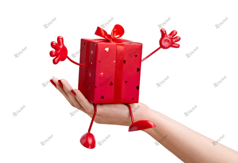 gift red box womans hand is surprise elegant box with handles legs / جعبه هدیه قرمز در دست زن یک جعبه زیبا و شگفت انگیز با پا و دست