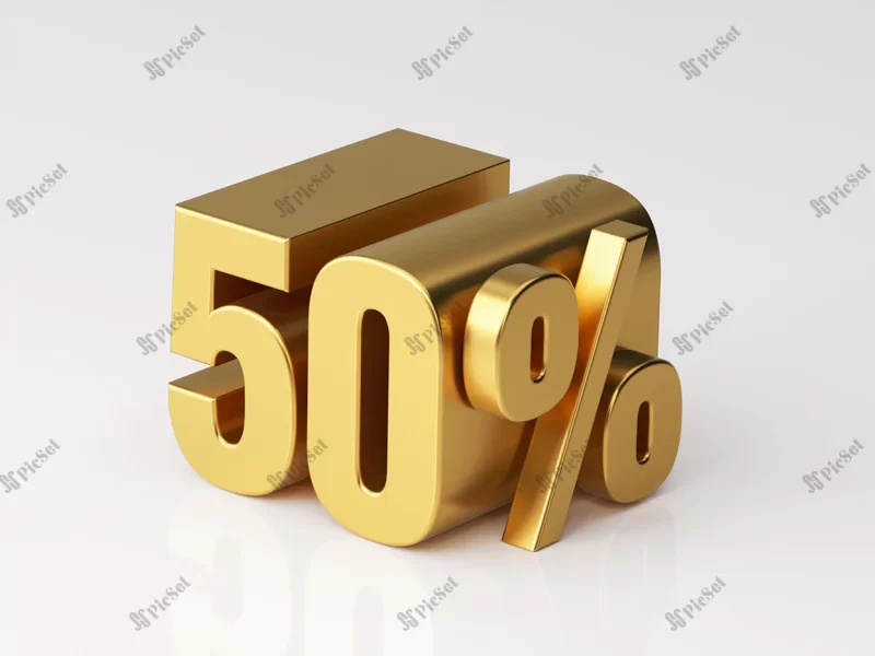gold colored fifty percent off discount symbol white background 3d illustration / پنجاه درصد تخفیف طلایی سه بعدی