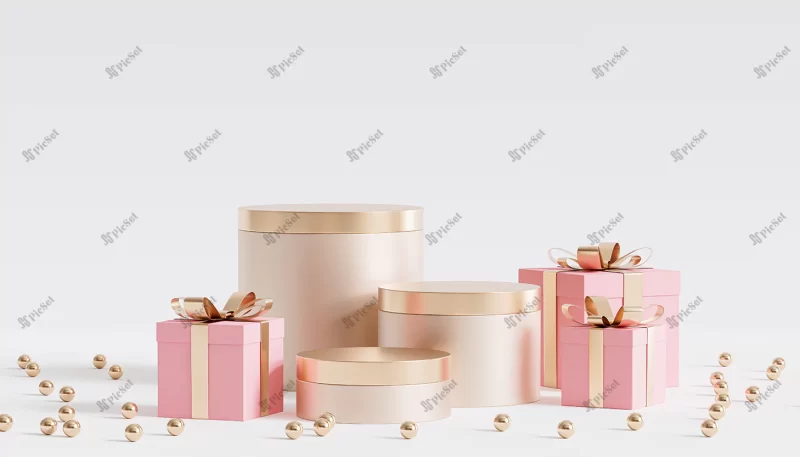 golden podiums pedestals products advertising with gift boxes 3d render / سکوهای تبلیغاتی طلایی محصولات با جعبه های هدیه سه بعدی