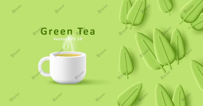 green tea 3d cup with stylized leaves pattern / فنجان سه بعدی چای سبز با برگ