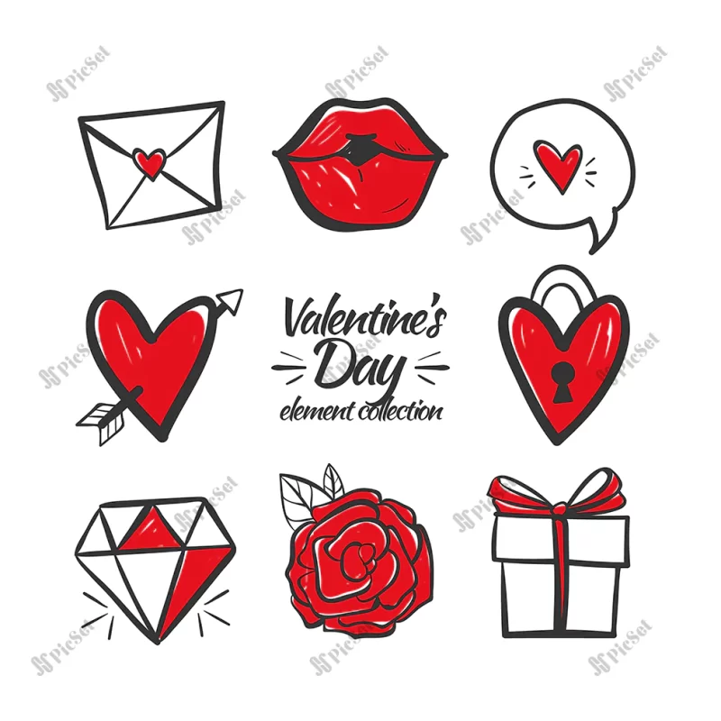 hand drawn valentine elements pack / بسته عناصر روز ولنتاین، قلب نامه هدیه گل