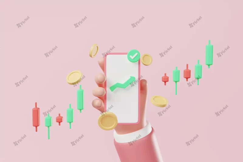 hand holding smartphone with graph coins increasing arrow pink background crypto stock investment concept 3d rendering / گوشی هوشمند موبایل با دست دو سکه های دلار نمودار افزایش رشد سرمایه گذاری مالی سهام کریپتو سه بعدی نمودار کندل استیک