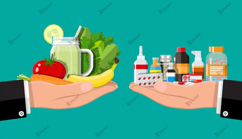 hands scales with vegetables drugs choice diet pills healthy food vector illustration flat style / ترازو دست با سبزیجات داروهای انتخابی قرص های رژیم غذایی سالم