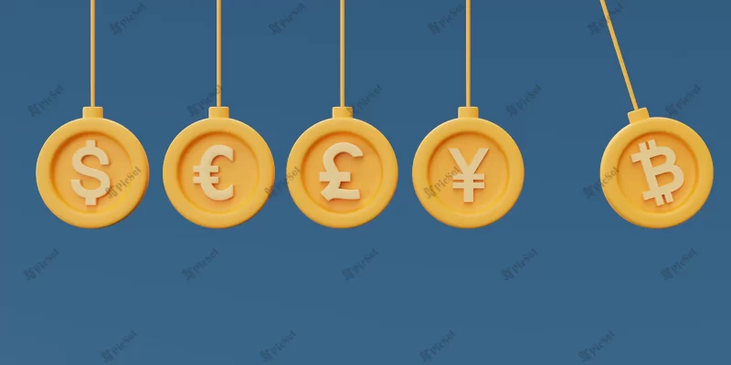 hanging coins with currency symbol bitcoin dollar euro pound yen sign 3d rendering / سکه های سه بعدی آویزان با نماد ارز بیت کوین دلار یورو پوند ین