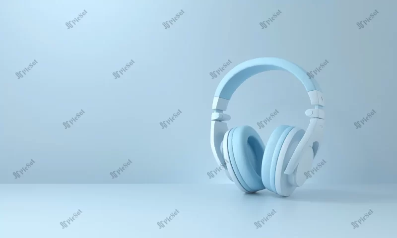 headphones blue background podcast concept 3d rendering / پادکست موسیقی پس زمینه هدفون آبی سه بعدی