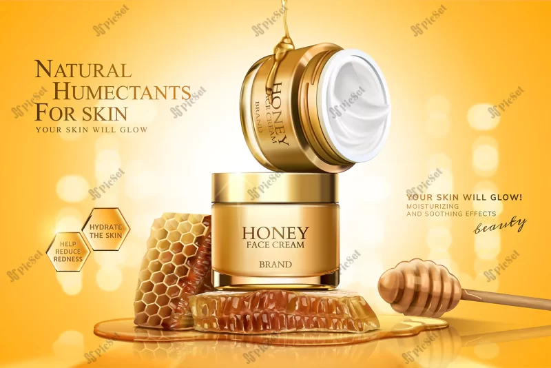 honey cream jar banner with honeycombs dipper golden glittering surface 3d illustration / بنر شیشه کرم عسل با سطح درخشان طلایی لانه زنبوری سه بعدی