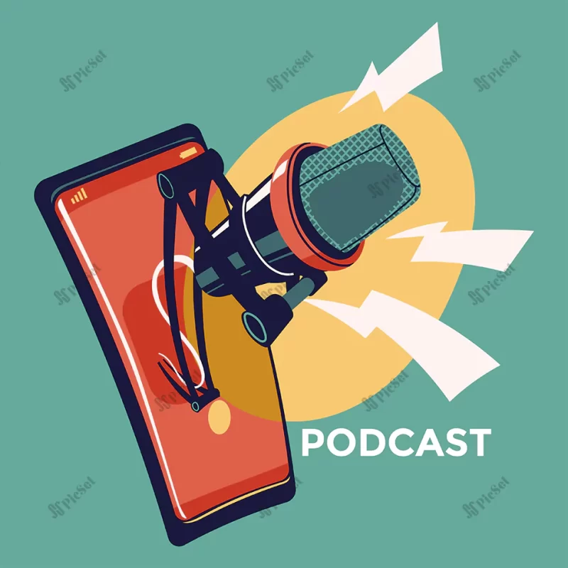 illustration about podcasting podcast equipment / تصویر در مورد تجهیزات پادکست میکروفن و موبایل