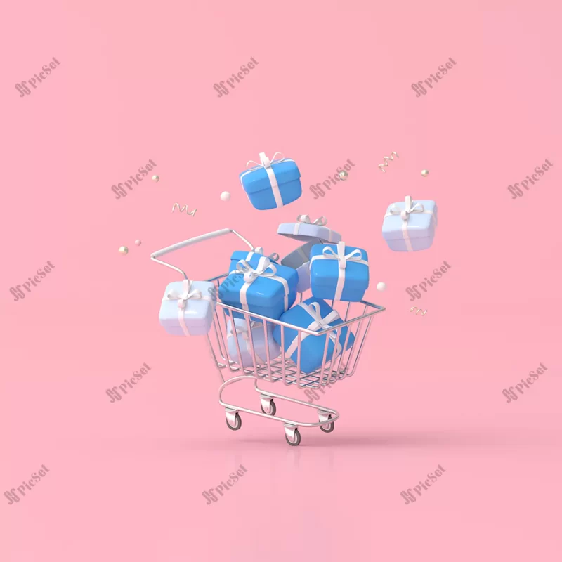 illustration gift boxes shopping cart 3d rendering / جعبه هدیه و سبد خرید سه بعدی