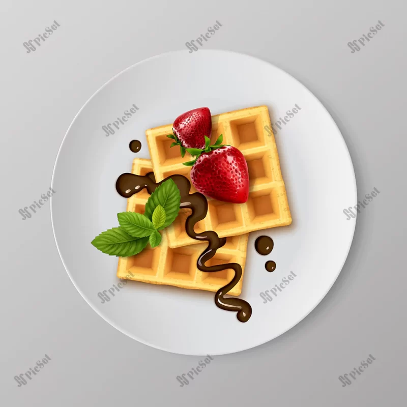 illustration realistic waffles with strawberries chocolate syrup white plate with mint / تصویر وافل با توت فرنگی شربت شکلاتی بشقاب سفید با نعنا