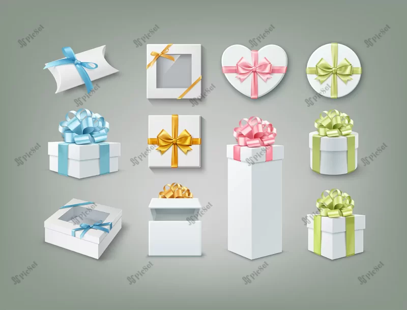 illustration set gift boxes different forms / مجموعه جعبه های هدیه به اشکال مختلف جعبه قلبی، جعبه دایره، جعبه مربع