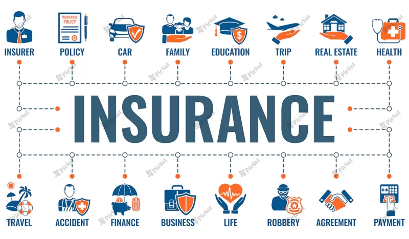 insurance services horizontal banner with two color flat icons family real estate medical travel / بنر افقی خدمات بیمه مسافرتی با آیکون خانواده املاک و مستغلات سفر پزشکی