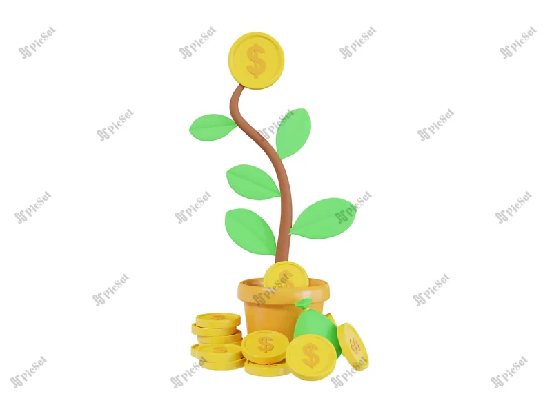 investment isolated 3d illustrations designs / سکه سه بعدی گلدان برای رشد سکه سرمایه گذاری موفق و سودآور