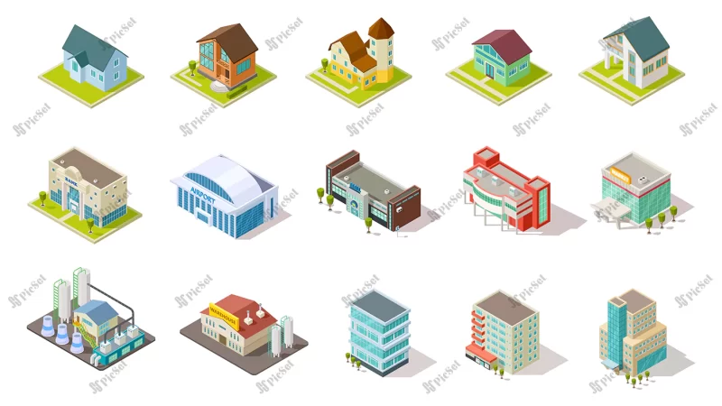 isometric buildings city urban infrastructure residential industrial social buildings 3d set architecture residential building house airport infrastructure isometric illustration / ساختمان های ایزومتریک زیرساخت شهری مسکونی صنعتی