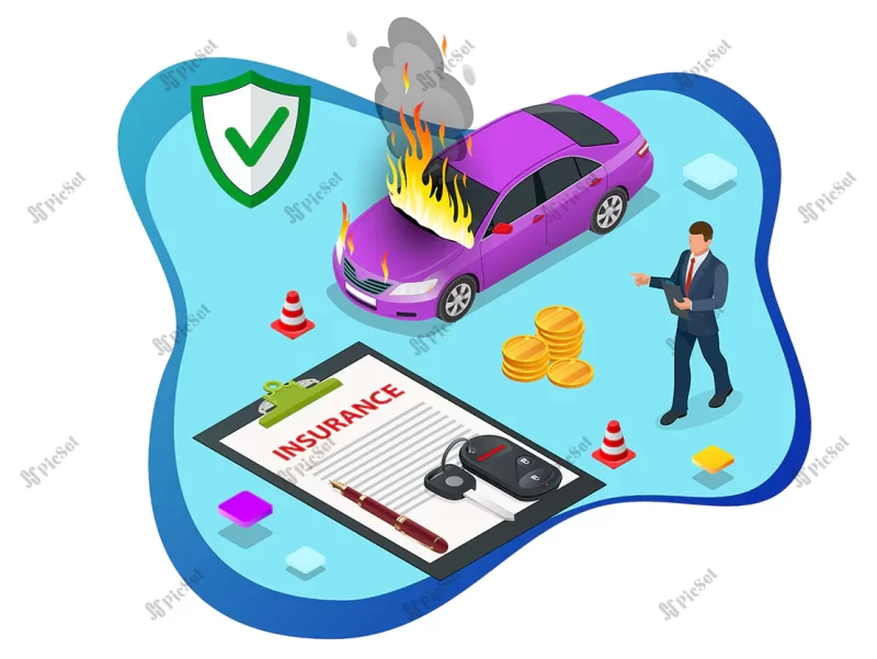 isometric car insurance services auto insurance policy with cash key fob protection from danger providing security / خدمات بیمه خودرو ایزومتریک بیمه نامه خودرو با محافظ پول نقد در برابر خطر تامین کننده امنیت