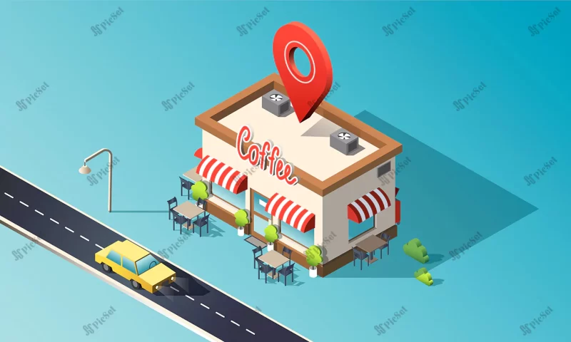 isometric coffee house with road traffic taxi cars location pin / کافی شاپ، قهوه خانه ایزومتریک با پین و لوکیشن محل تاکسی ترافیک جاده ای