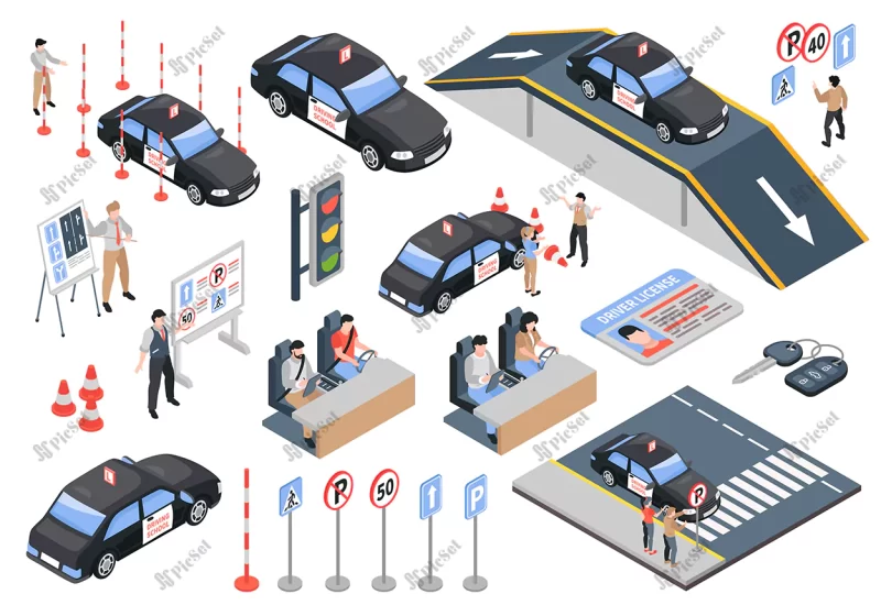 isometric driving school color icon set / مجموعه آیکون ماشین پلیس و راهنمایی رانندگی ایزومتریک، آموزش علائم راهنمایی